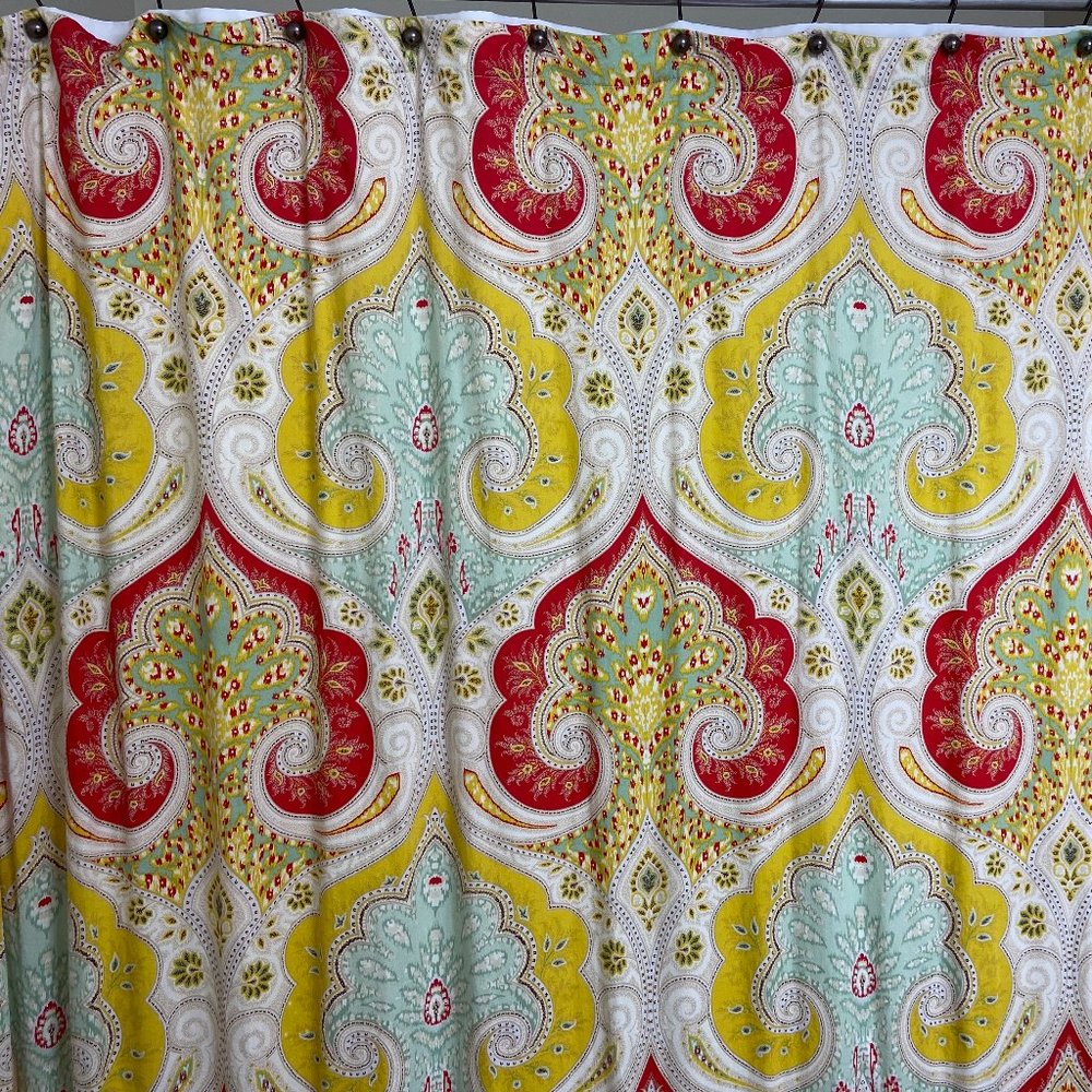 Echo Shower Curtain - Boho Medalian Ikat Paisley - Red Yellow Mint Green